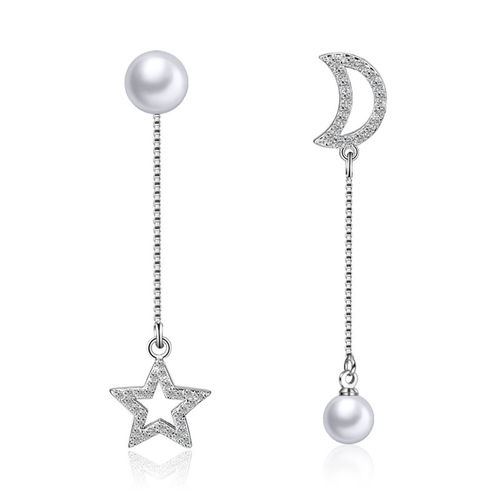 Lange Perlen Ohrstecker - Mond & Stern verziert mit Kristallen