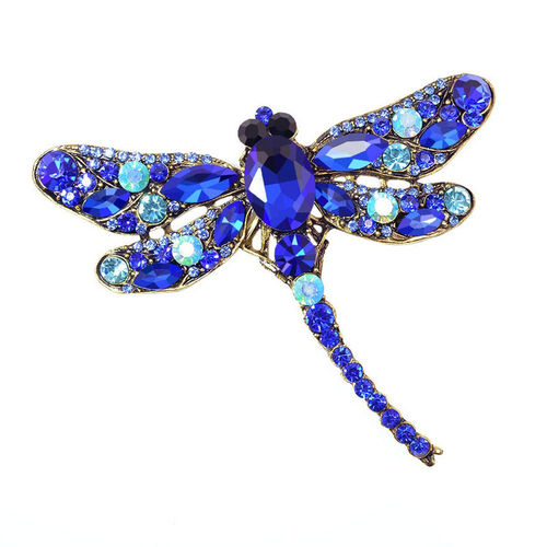 Handgearbeitete Brautschmuck Libellen Brosche mit blauen Zirkonia Kristallen