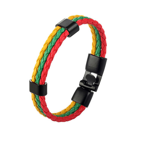 Fan - Armband Jamaika aus geflochtenem Leder - Gelb - Grün - Rot
